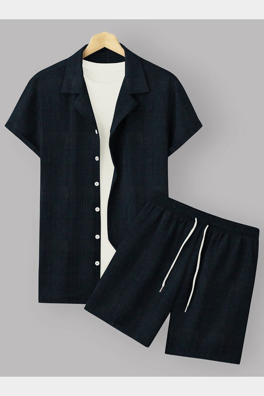 Black Colour Men's Cotton Shirt And Shorts Set Short Sleeve
