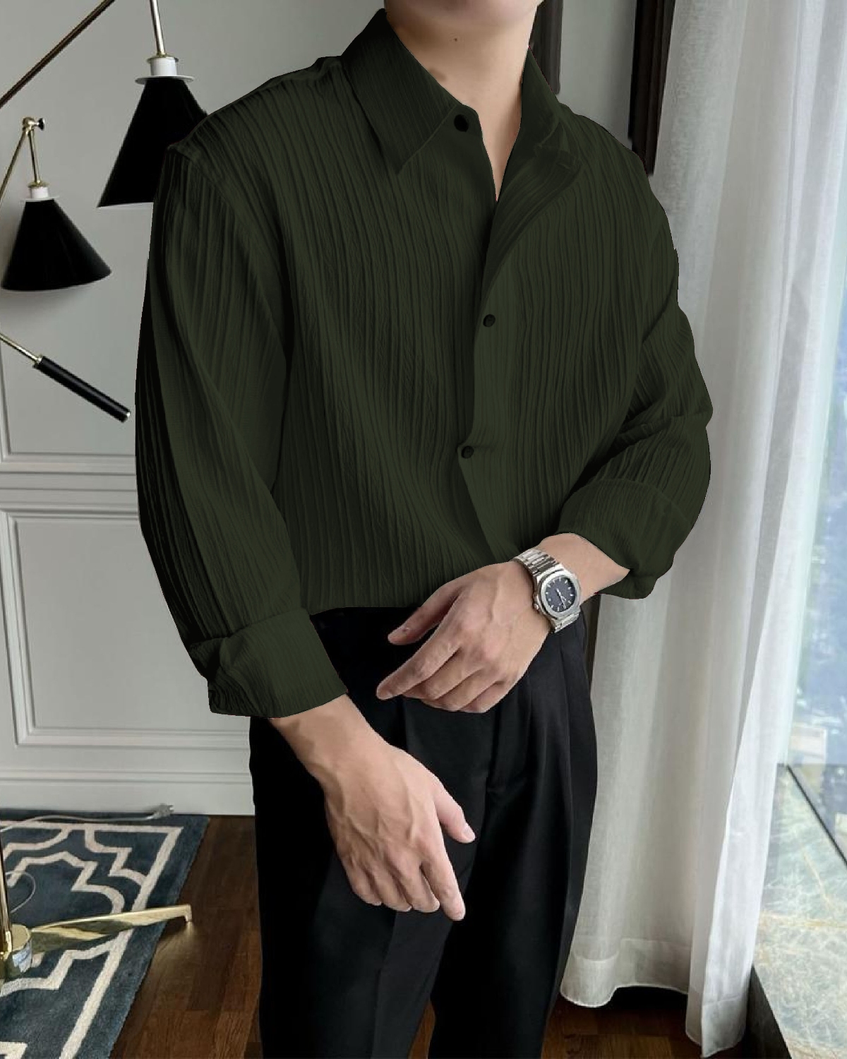 Green Colour Men's Casual Wear Lining Structured Shirt