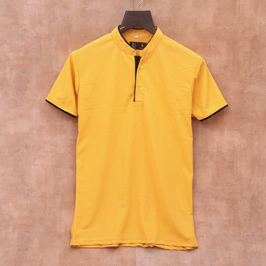 Yellow Men's Solid Mandarin Collar Slim Fit Half Sleeve T-Shirt